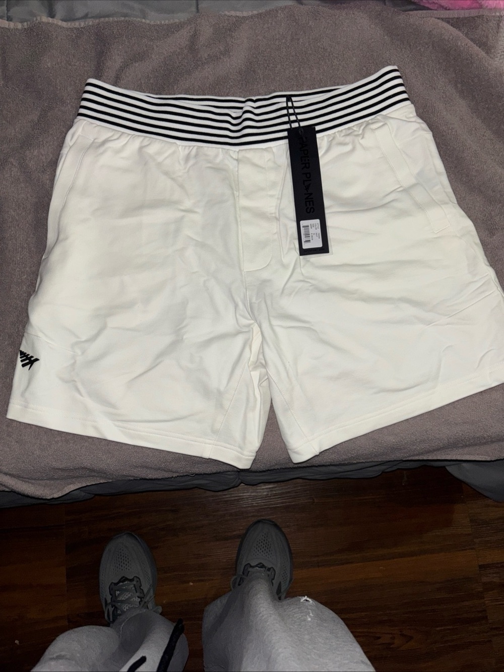 Paperplane White Athletic Shorts with Striped Waistband